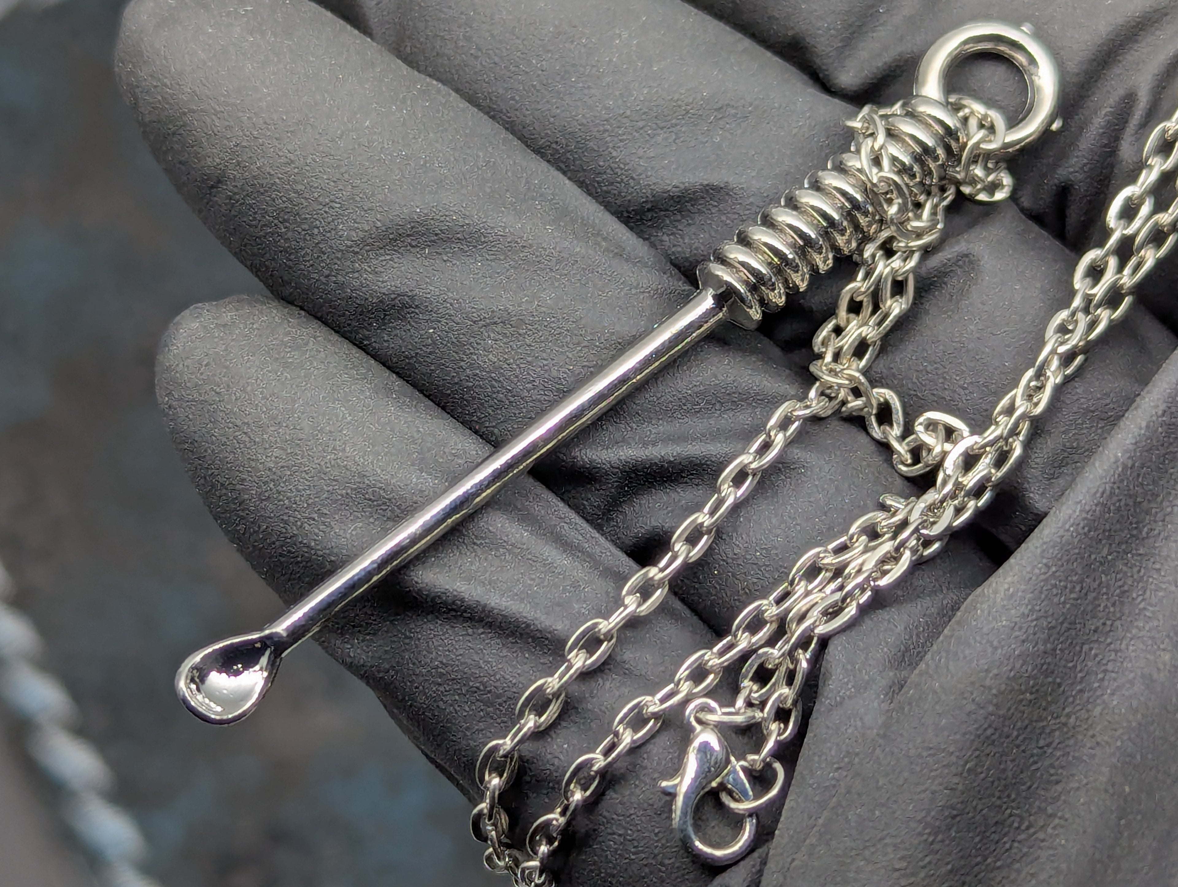 Chromed Toned Mini Spoon Pendant w/ Matching 24" Chain & Ornate Magic Amulet Jar