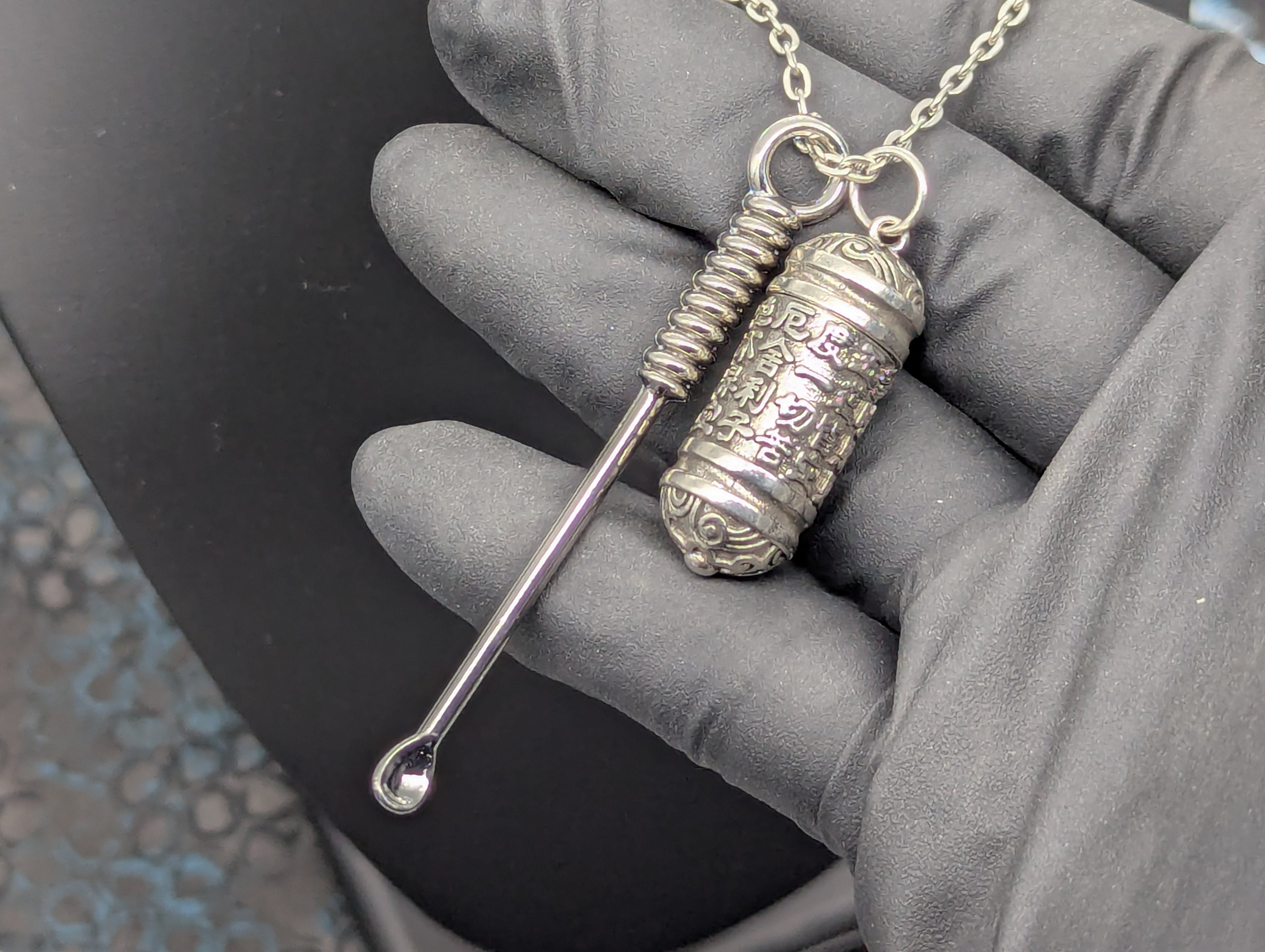 Chromed Toned Mini Spoon Pendant w/ Matching 24" Chain & Ornate Magic Amulet Jar